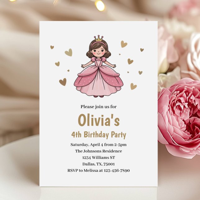 Invitation Anniversaire de Princesse Rose Doré Enfants Mignon (Créateur téléchargé)