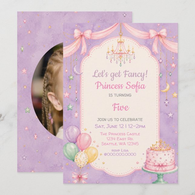 Invitation Anniversaire de Princesse Rose Violet Fancy (Devant / Derrière)