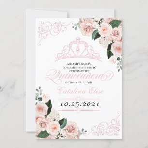 Invitation Anniversaire de Quinceanera à fleurs roses blanche