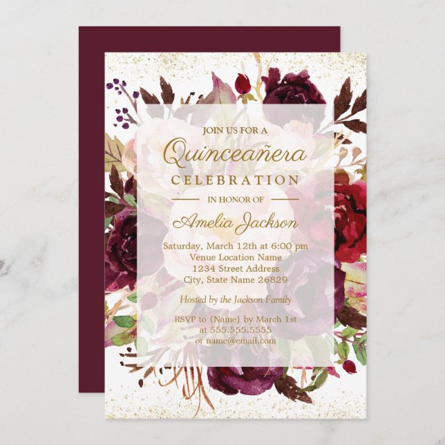 Invitation Anniversaire de Quinceanera en Bourgogne (Devant / Derrière)