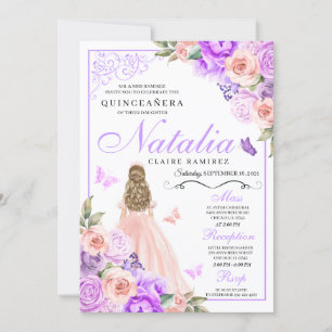 Invitation Anniversaire de Quinceanera florale rose et violet