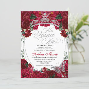 Invitation Anniversaire de Quinceanera florale rouge et argen