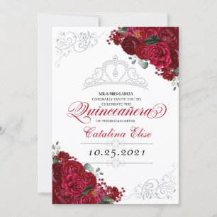 Invitation Anniversaire de Quinceanera florale rouge et argen