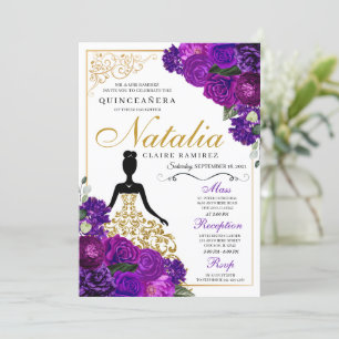 Invitation Anniversaire de Quinceanera florale violet élégant