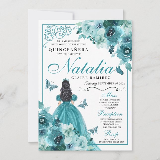 Invitation Anniversaire de Quinceanera Turquoise (Devant)