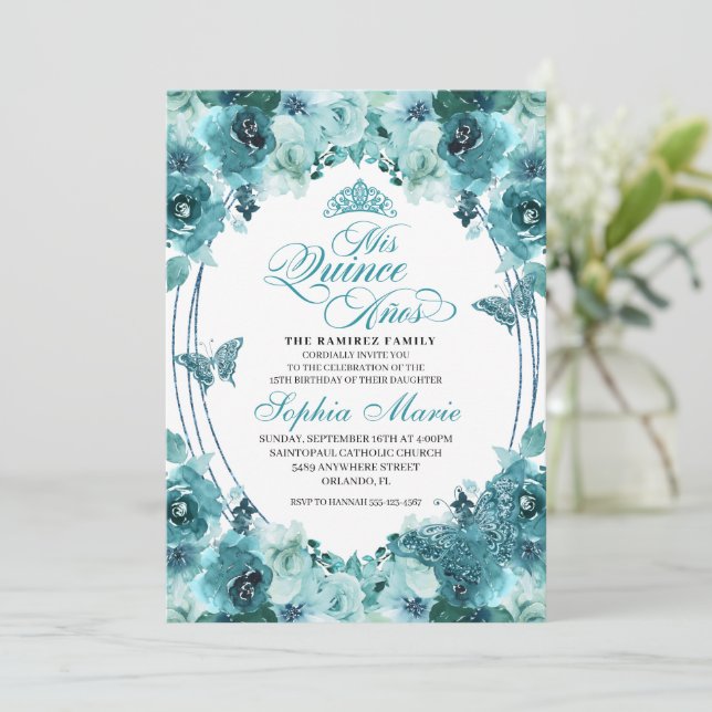 Invitation Anniversaire de Quinceanera Turquoise (Debout devant)