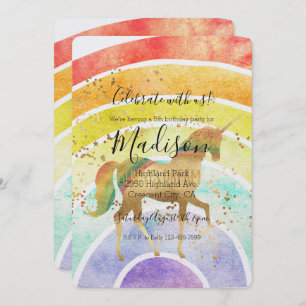Invitation Anniversaire de Rainbow Unicorn Dream Gold Confett