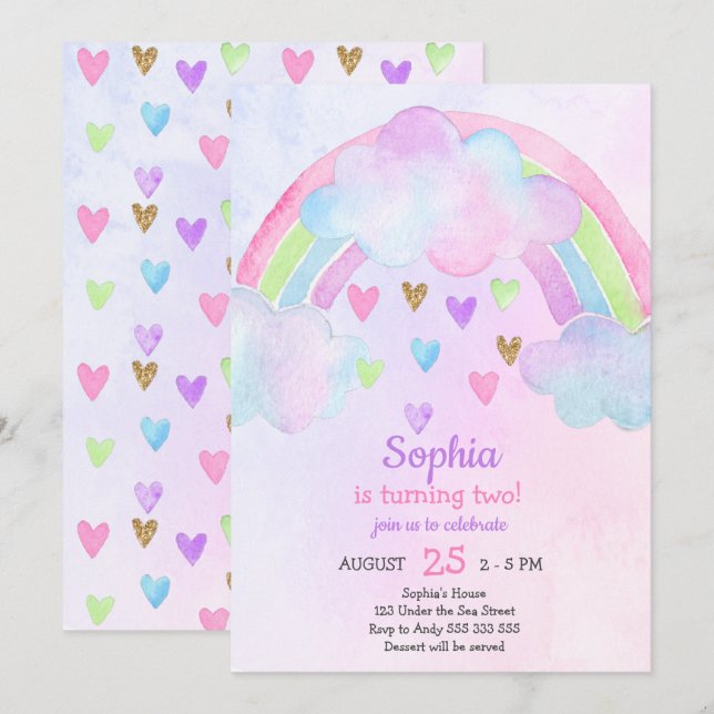 Invitation Anniversaire de Rainbow Watercolor Girl (Devant / Derrière)