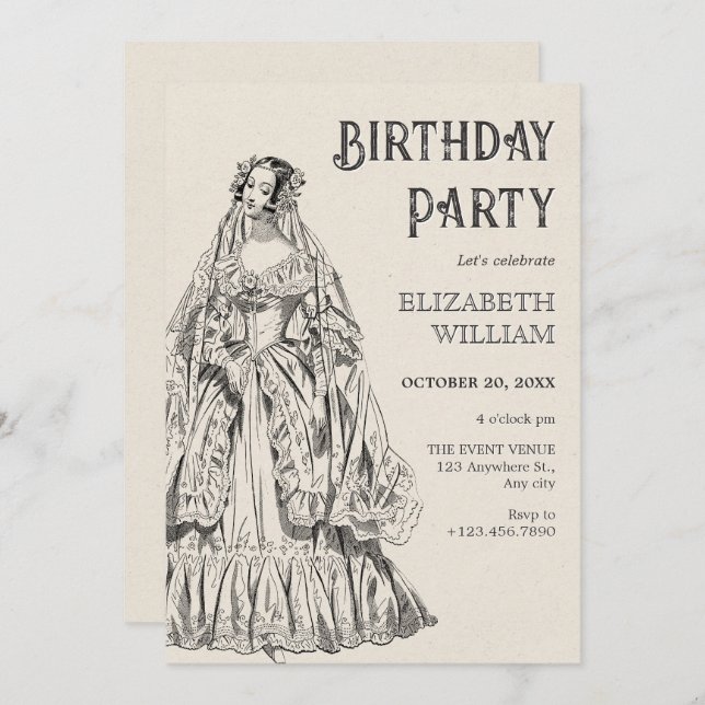 Invitation anniversaire de robe victorienne vintage (Devant / Derrière)