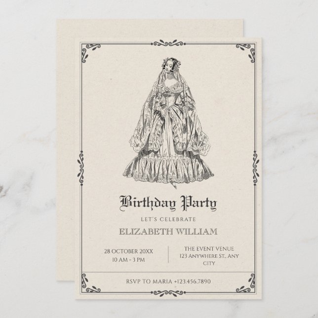 Invitation anniversaire de robe victorienne vintage (Devant / Derrière)