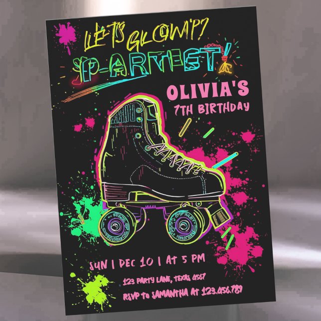 Invitation Anniversaire de Roller Skating Lumineux | Fête Néo (Créateur téléchargé)