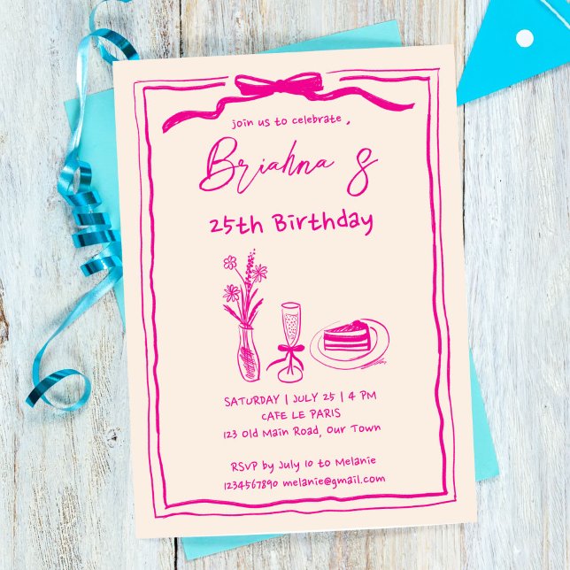 Invitation Anniversaire de ruban rose rétro dessiné main (Hand drawn retro vintage pink ribbon birthday party invitation template digital download whimsical)