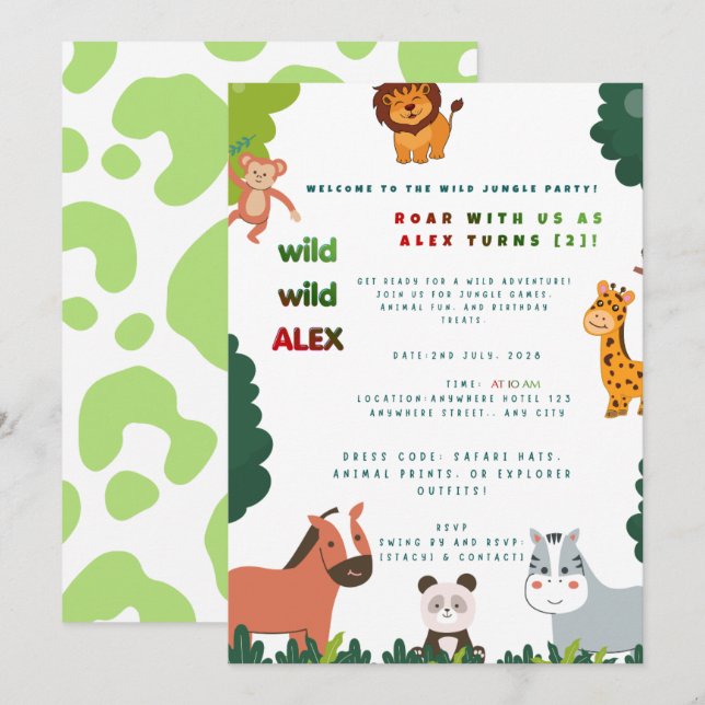 Invitation anniversaire de safari jungle mignon |  (Devant / Derrière)