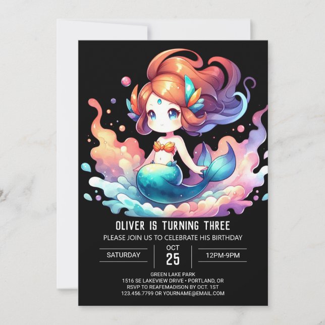 Invitation Anniversaire de Sirène à l'aquarelle Adorable (Devant)