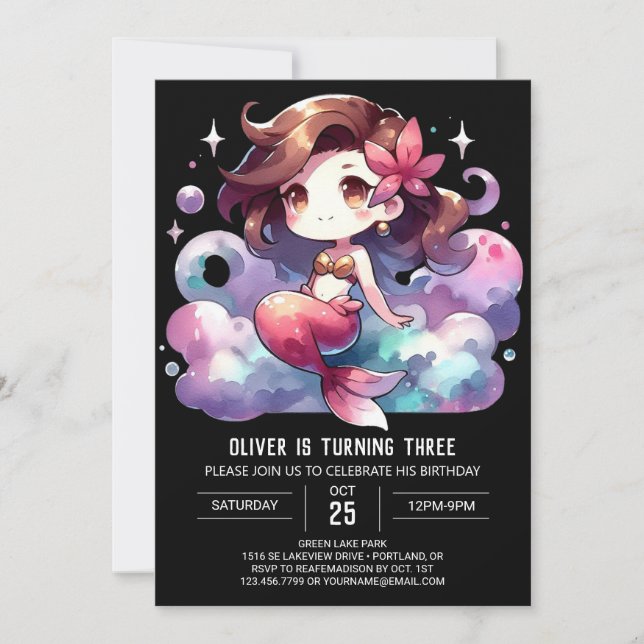 Invitation Anniversaire de Sirène à l'Aquarelle Majestueuse (Devant)