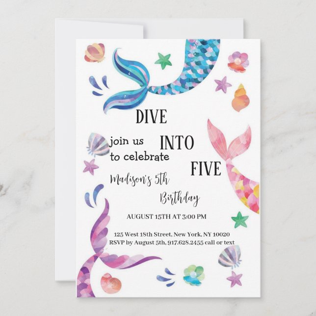 Invitation anniversaire de sirène bleu et rose et violet (Devant)