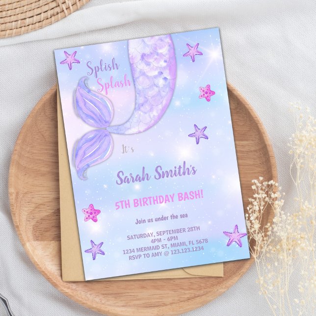 Invitation Anniversaire de sirène d'étoile pourpre personnali (Purple Star Mermaid Birthday Invitations)