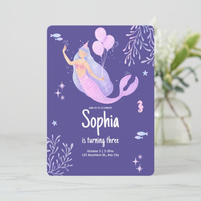 Invitation Anniversaire de Sirène Pastel Rose Violet (Debout devant)