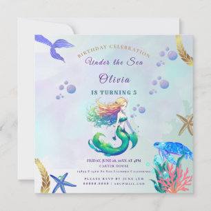 Invitation Anniversaire de sirène pourpre et or sous la mer