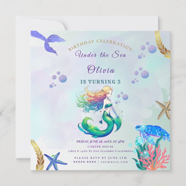 Invitation Anniversaire de sirène pourpre et or sous la mer (Devant)