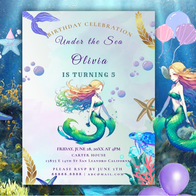 Invitation Anniversaire de sirène pourpre et or sous la mer (Créateur téléchargé)
