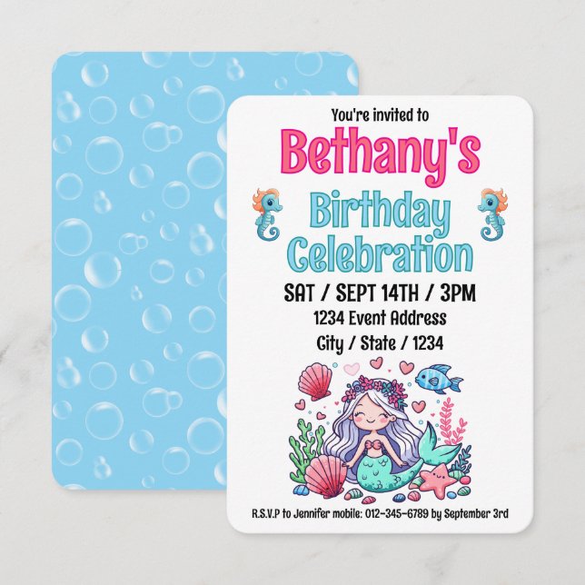 Invitation Anniversaire de Sirène Sous La Mer (Devant / Derrière)
