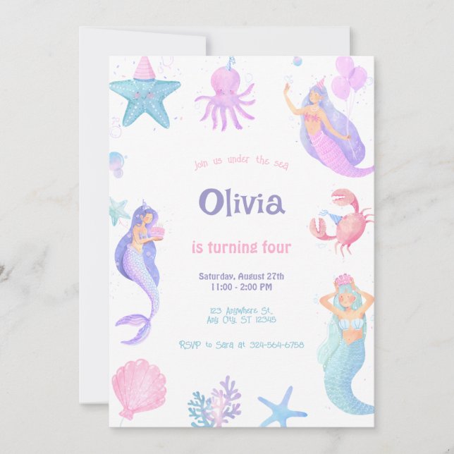 Invitation Anniversaire de Sirène sous la Mer  (Devant)