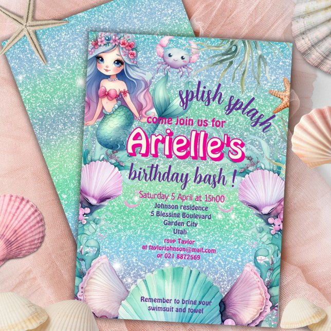 Invitation Anniversaire de sirène violet pailleté (Créateur téléchargé)
