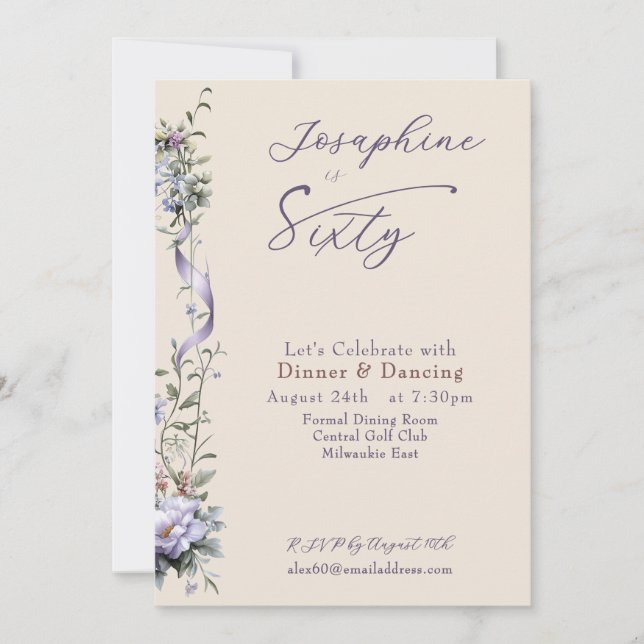Invitation Anniversaire de Soixante Ans de Fleur Sauvage Bleu (Devant)