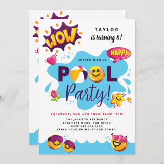 Invitation Anniversaire de Splash / 3D emoji / Pool party