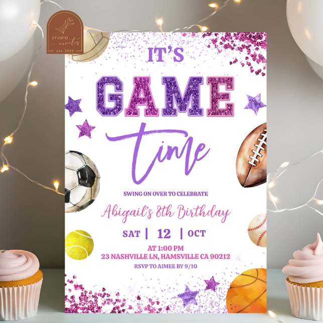 Invitation Anniversaire de sports de sequin violet (Créateur téléchargé)