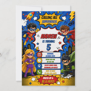 Invitation Anniversaire de super-héros de bande dessinée numé