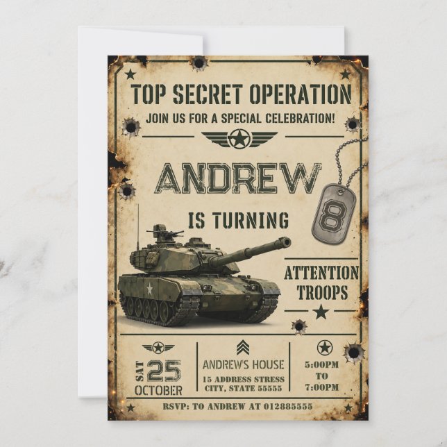 Invitation Anniversaire de Tank d'Armée Personnalisé (Devant)