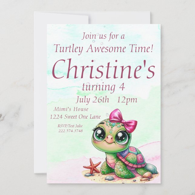 Invitation Anniversaire de Tortue 4 ans, Sous l'Océan         (Devant)