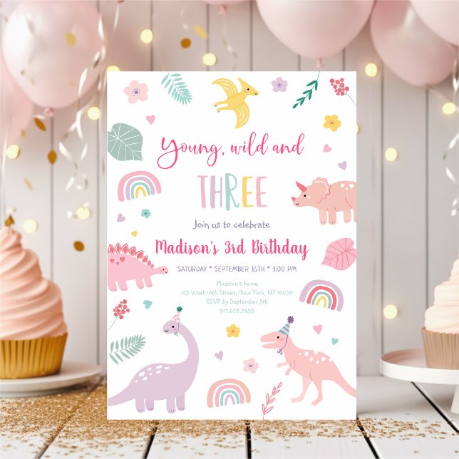 Invitation Anniversaire de Young Wild et Three Pink Dinosaur (Créateur téléchargé)