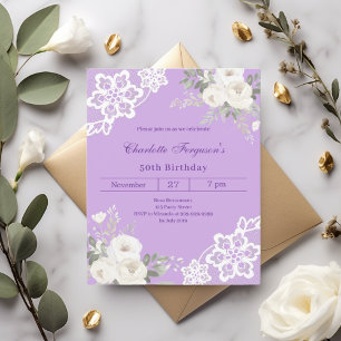 Invitation anniversaire dentelle roses blanc lavan