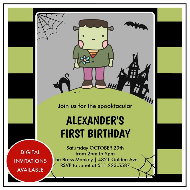 Invitation Anniversaire des 1 an Halloween frankenstein spéct (Halloween-1st-birthday-invitation-spooktacular-frankenstein-1)