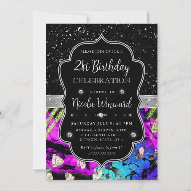 Invitation Anniversaire des 21 ans Abstrait Paillettes Néon A (Devant)
