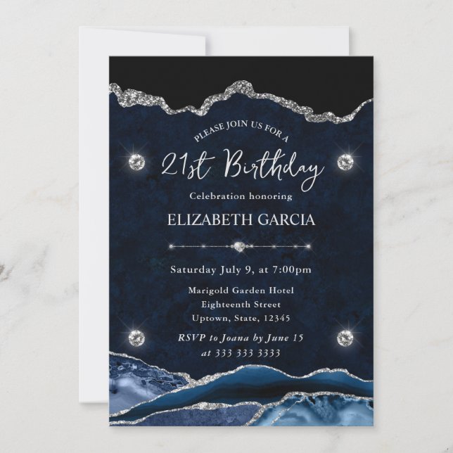 Invitation Anniversaire des 21 ans Agate Pailleté Bleu et Arg (Devant)