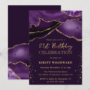 Invitation Anniversaire des 21 ans Paillettes Agate Violet et
