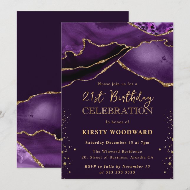 Invitation Anniversaire des 21 ans Paillettes Agate Violet et (Devant / Derrière)