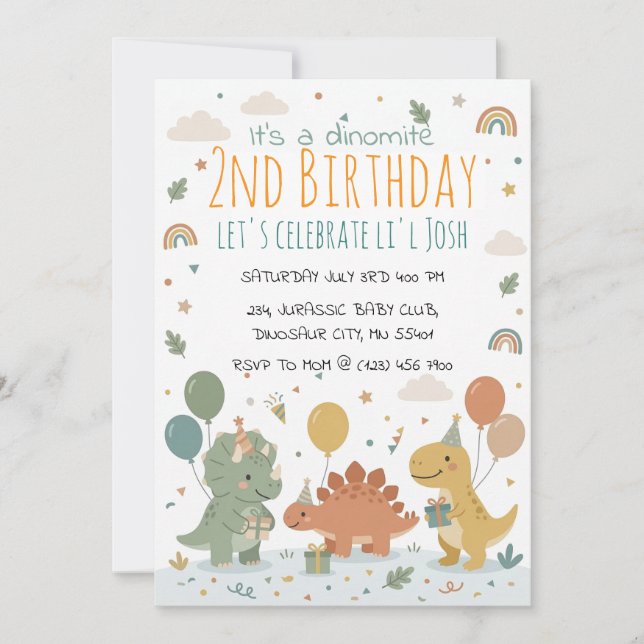 Invitation Anniversaire des 2 ans du Dinosaure Pastel Scandin (Devant)