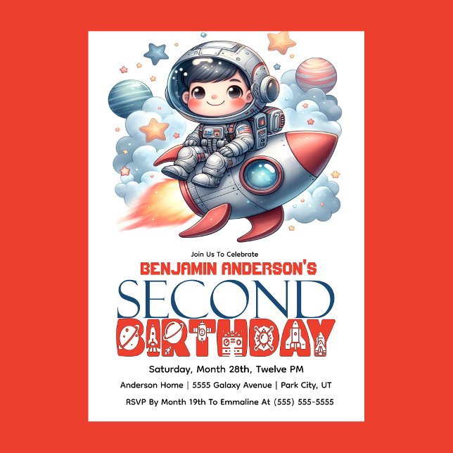 Invitation Anniversaire des 2 ans du garçon astronaute fusée (Space astronaut boy riding rocket 2nd birthday party invitation with planets and stars
)