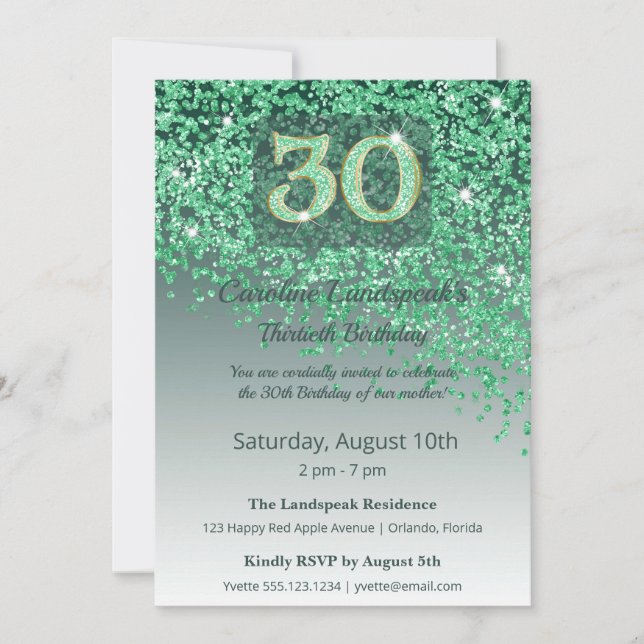 Invitation Anniversaire des 30 ans vibrant - Paillettes vert  (Devant)
