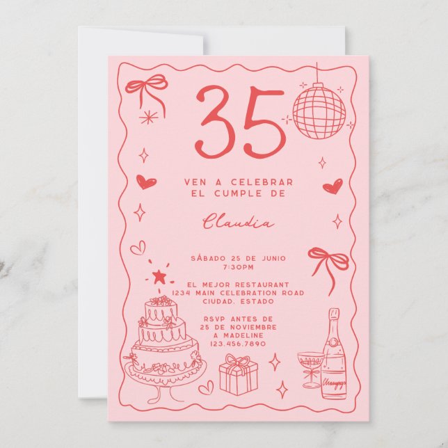 Invitation Anniversaire des 35 ans Rétro Espagnol Farfelu Rou (Devant)