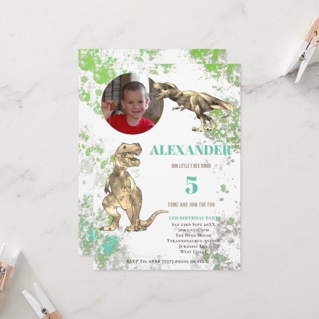 Invitation Anniversaire des 5 ans du dinosaure T rex Photo (Devant/Arrière en situation)