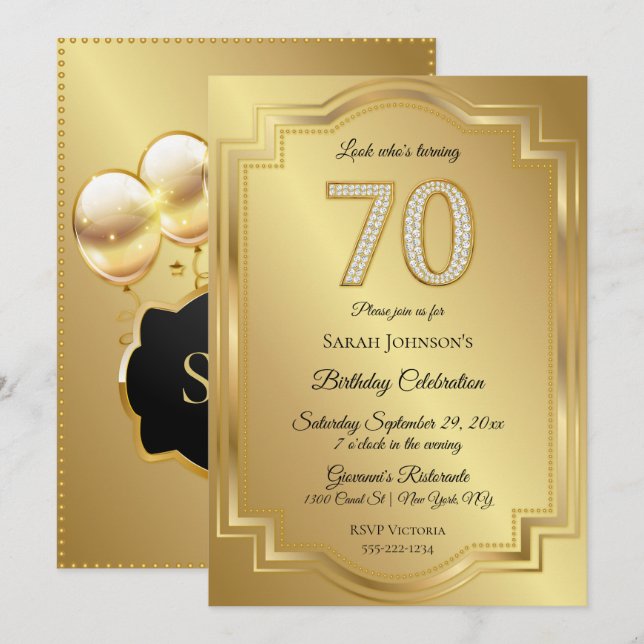 Invitation Anniversaire des 70 ans orné de diamants et d'or (Devant / Derrière)