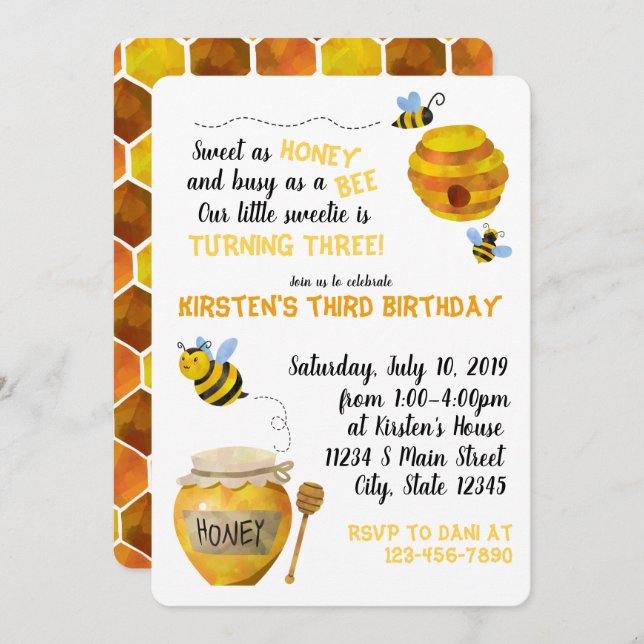 Invitation Anniversaire des abeilles de miel (Devant / Derrière)