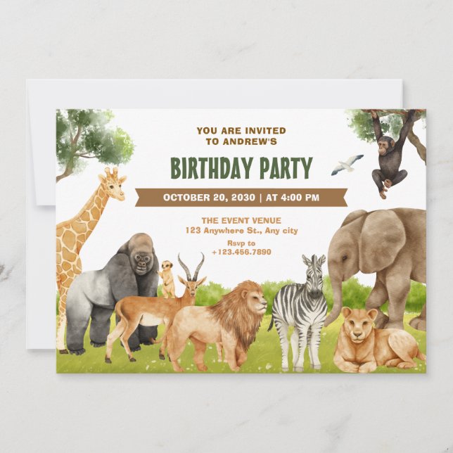 Invitation anniversaire des animaux Safari (Devant)
