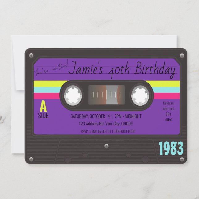 Invitation Anniversaire des années 80, bande de cassette rétr (Devant)